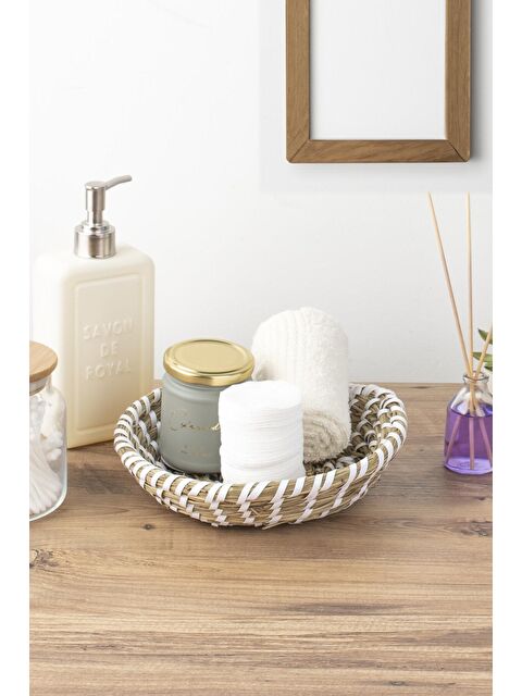 Porsima 15294 Çok Amaçlı Yuvarlak Dekoratif Hasır Sepet Düzenleyici Organizer Ekmeklik - Beyaz