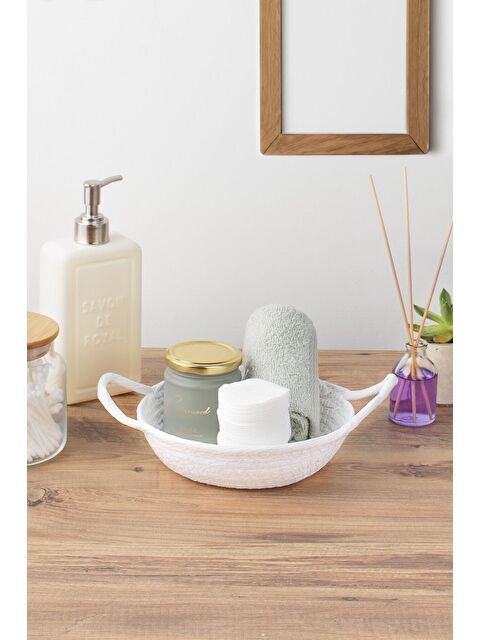 Porsima 15289 Çok Amaçlı Yuvarlak Dekoratif Hasır Sepet Düzenleyici Organizer Ekmeklik - Beyaz