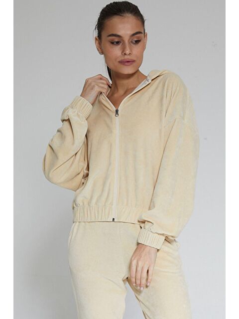 Chandraswear Bej Kadın Fermuarlı Kadife Hırka - Vela - S000055697-19928