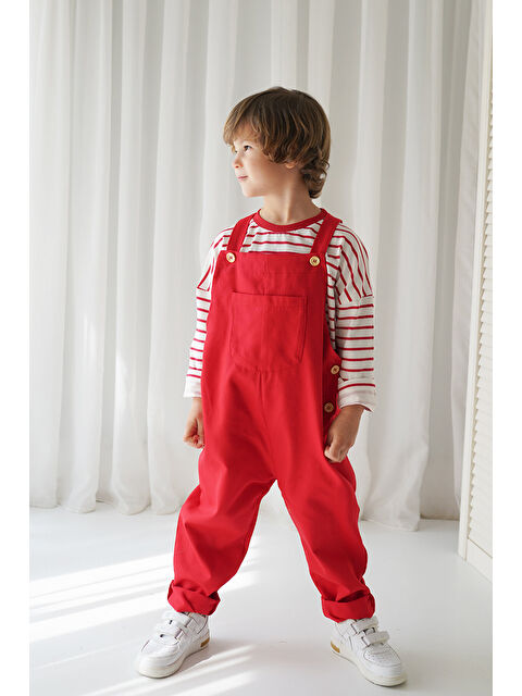 Catz Kids Kırmızı Gabardin Askılı Tulum + Kırmızı Beyaz Çizgili Sweat