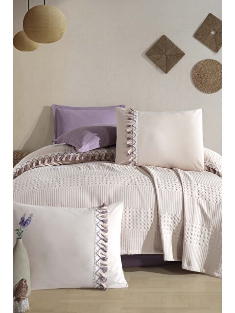 Clasy Butik Çift Kişilik Püsküllü Pike Takımı Bohamline Taş Rengi - S000145202-25636