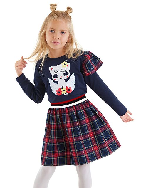 Denokids Kanatlı Kedi Kız Çocuk Lacivert Ekose Elbise - S000088807-21164