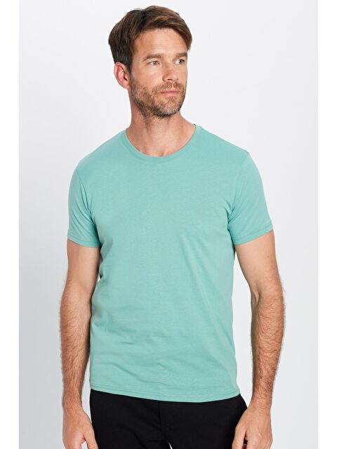 TUDORS Erkek Slim Fit Yeşil Bisiklet Yaka %100 Pamuk Dar Kesim Basic Tişört - S000242785-18194