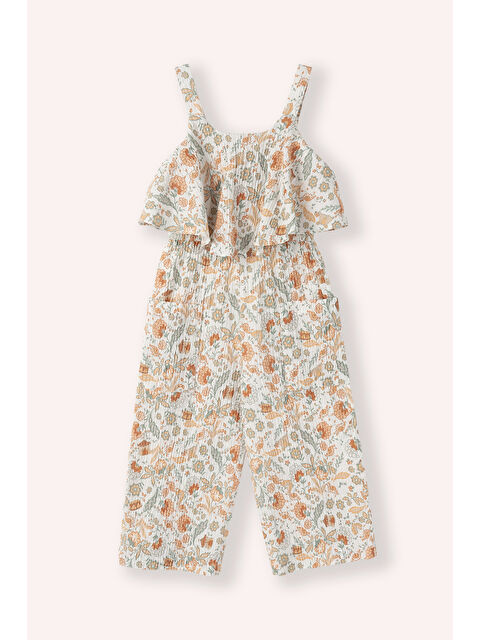 Panço Kız Çocuk Desenli Salopet Ekru