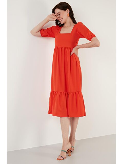 Lela Rahat Kalıp Kare Yaka Volanlı Uzun Elbise 42190350 - S000001322-20013