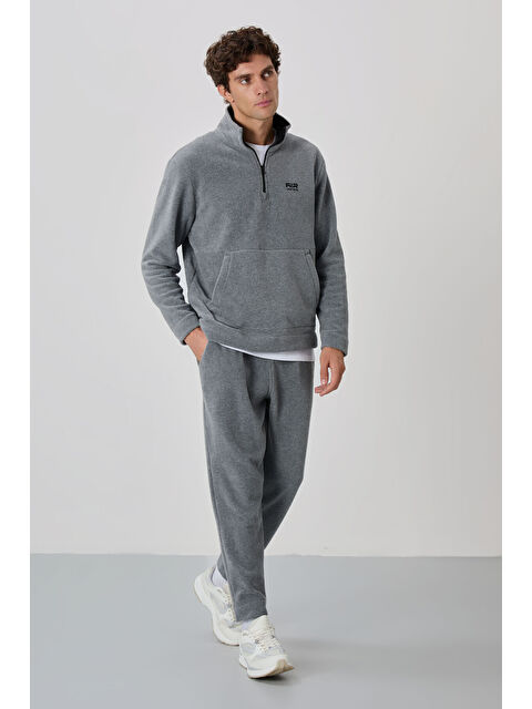 Air Jones Gri Melanj Yarım Fermuarlı Dik Yaka Kanguru Cep Detaylı Polar Erkek Eşofman Takım - 85226 - S000080428-20600