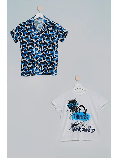 For You Kids 2'li Fırça Baskılı Gömlek Tshirt Saks Takım - S000016629-23710