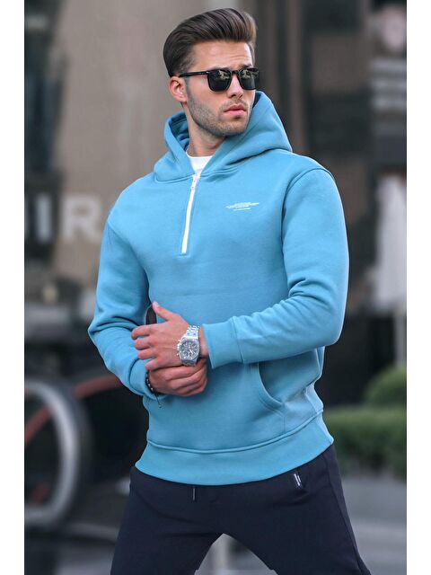 Madmext Mavi Fermuarlı Kapüşonlu Sweatshirt 6143 - S000061283-17234
