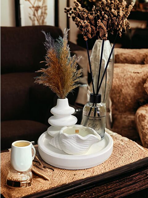 Havalı Tasarım Beyaz Renk Özel Tasarım Oda Kokulu Ve Vazolu , Deniz Kabuğu Model Mum Standlı Aksesuar Seti - S000168119-21