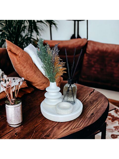 Havalı Tasarım Beyaz Renk Özel Tasarım Oda Kokulu Ve Vazolu , Mumluklu Standlı Aksesuar Seti - S000168119-18