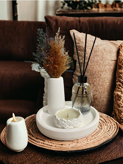 Havalı Tasarım Beyaz Renk Özel Tasarım Oda Kokulu Ve Vazolu , Çiçek Mum Standlı Aksesuar Seti - S000168182-19