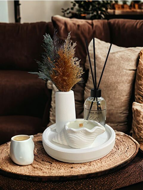 Havalı Tasarım Beyaz Renk Özel Tasarım Oda Kokulu Ve Vazolu , Deniz Kabuğu Mumlu Standlı Aksesuar Seti - S000168182-37559