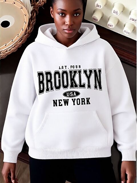 Trendseninle Unisex Beyaz  Oversize Brooklyn Usa Newyork Baskılı Kapüşonlu Sweatshirt Hoodie - S000492439-20063