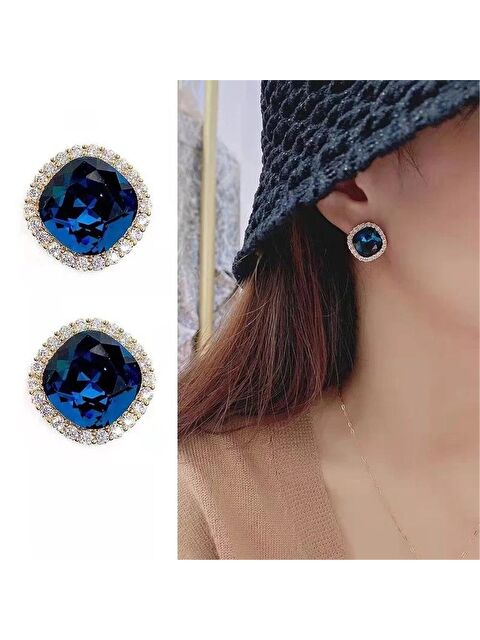 Pelin Aksesuar Lacivert Kristalli Kare Düğme Küpe - S000051992-23173