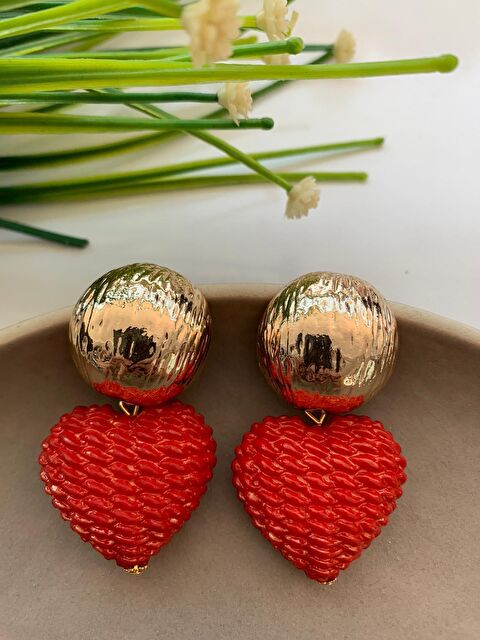 Pelin Aksesuar Kırmızı Hasır Örgü Kalp Küpe - S000051985-23173