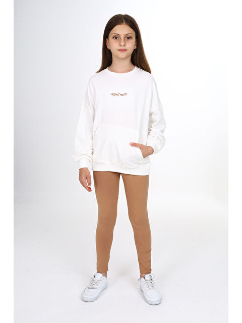 Toontoykids Kız Çocuk 2'li Takım Baskılı Bisiklet Yaka Düşük Omuz Cepli Sweatshirt & Basic Düz Tayt - S000299447-19965