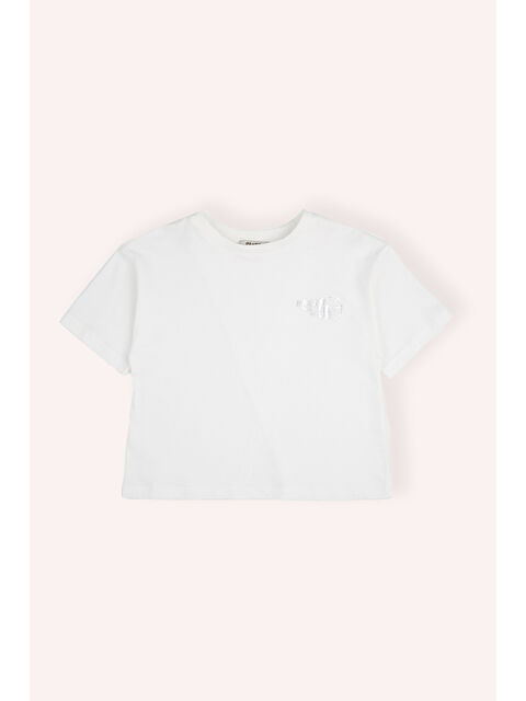 Panço Kız Çocuk Bisiklet Yaka Varak Basklı Kısa Kollu Ekru Tişört - S000393812-19965