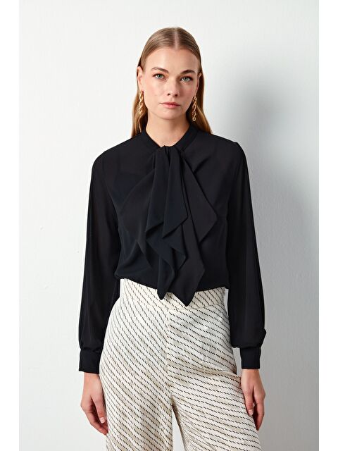 SATEEN Fular Detaylı Salaş Bluz - Siyah - S000323151-19351