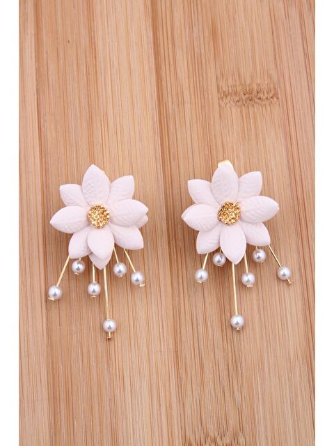 Pelin Aksesuar İnci Saçaklı Pudra Pembe Çiçekli Küpe - S000052064-23173