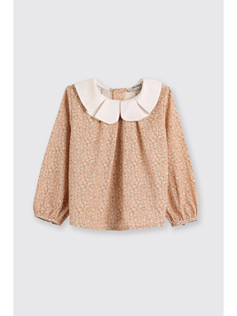 Panço Kız Bebek Pilise Yaka Detaylı Çiçek Desenli Kol Ucu Lastikli Pudra Bluz - S000415223-7152