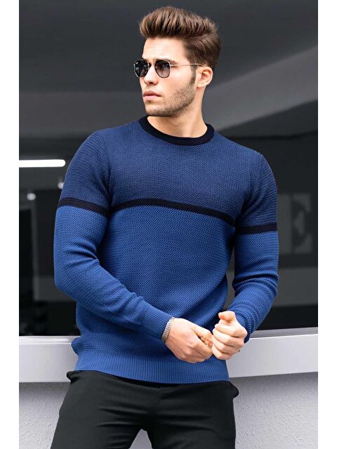 Madmext İndigo Renk Bloklu Erkek Kazak 4734 - S000030362-23093