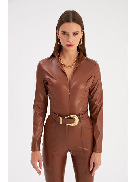 SATEEN Fermuarlı Deri Bodysuit - Kahve - S000323176-19413