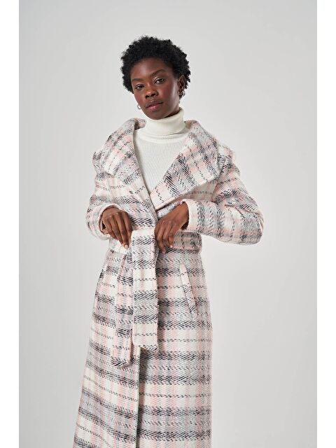 Mizalle Şal Yaka Ekose Pembe Kaban - S000050537-20024