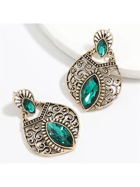 Pelin Aksesuar Yeşil Elips Taşlı Antik Küpe - S000052102-23173