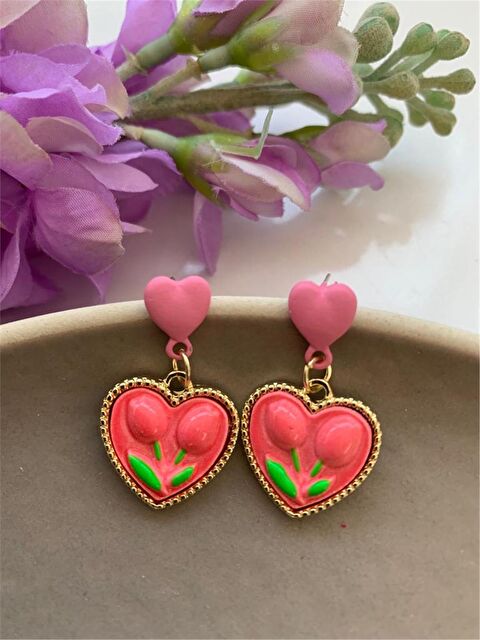 Pelin Aksesuar Pembe Çiçekli Kalp Küpe - S000052101-23173