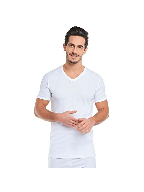 Tutku 6'lı Erkek Beyaz %100 Pamuk Ribana V Yaka Fanila - S000359166-20063