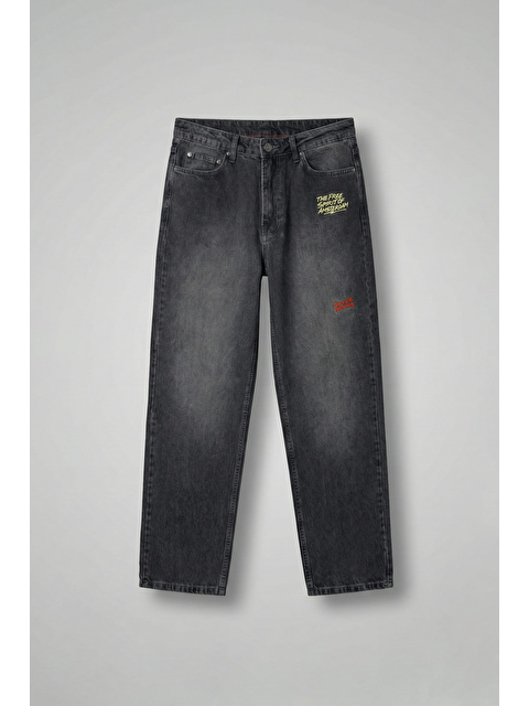 Abluka Online Erkek Baggy Fit Nakışlı Frayed Jean Pantolon Siyah - S000487334-19351