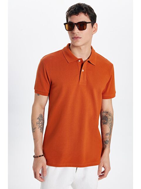 TUDORS Erkek Slim Fit Dar Kesim %100 Pamuk Kiremit Polo Yaka Tişört