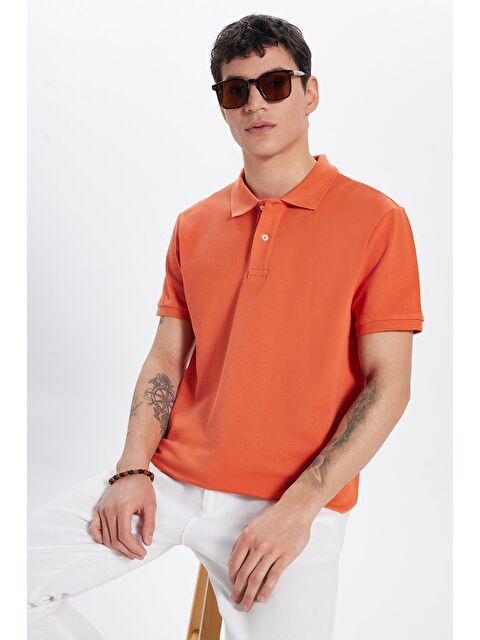 TUDORS Erkek Slim Fit Dar Kesim %100 Pamuk Turuncu Polo Yaka Tişört