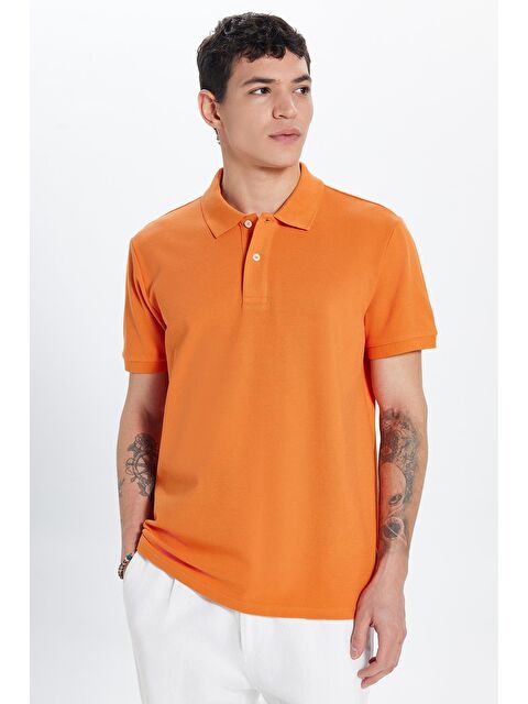 TUDORS Erkek Slim Fit Dar Kesim %100 Pamuk Turuncu Polo Yaka Tişört