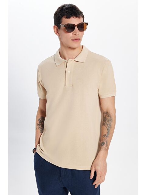 TUDORS Erkek Slim Fit Dar Kesim %100 Pamuk Bej Polo Yaka Tişört
