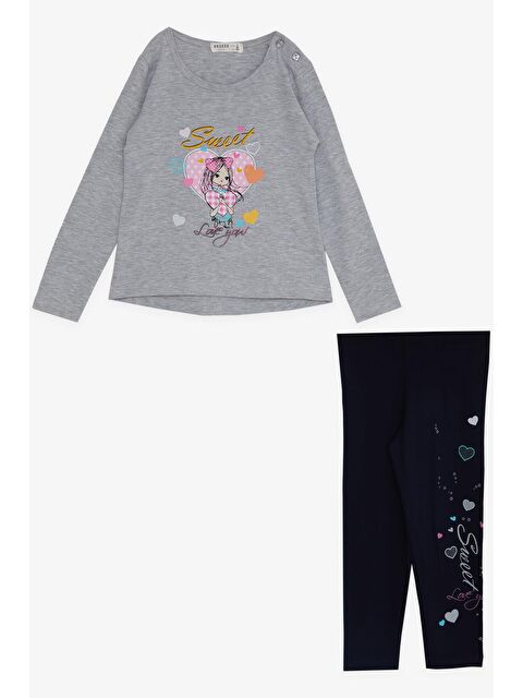 Breeze Kız Çocuk Taytlı Takım Sevimli Kız Baskılı Kalpli Gri Melanj (2-6 Yaş) - S000070391-20600