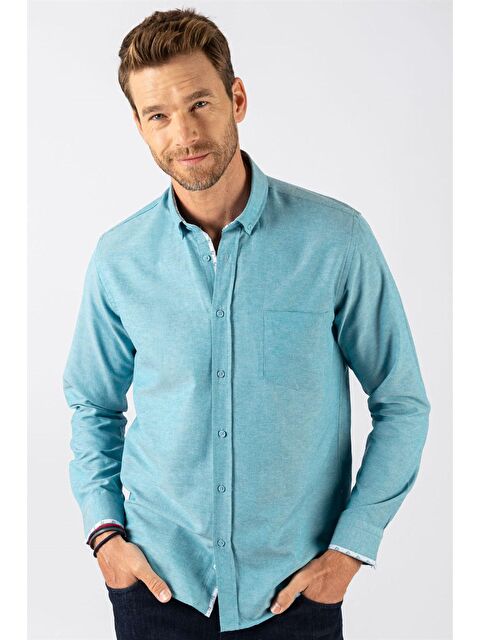 TUDORS Erkek Regular Fit Klasik Kesim Pamuklu Oxford Doku Petrol Renk Düğmeli Yaka Gömlek - S000072356-20019