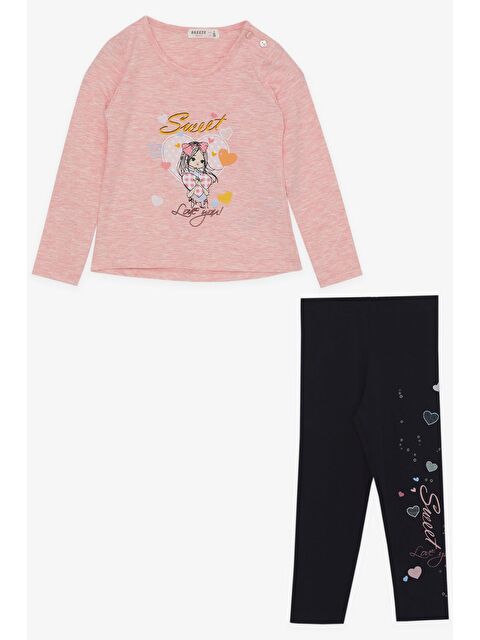 Breeze Kız Çocuk Taytlı Takım Sevimli Kız Baskılı Kalpli Somon Melanj (2-6 Yaş) - S000070391-24085