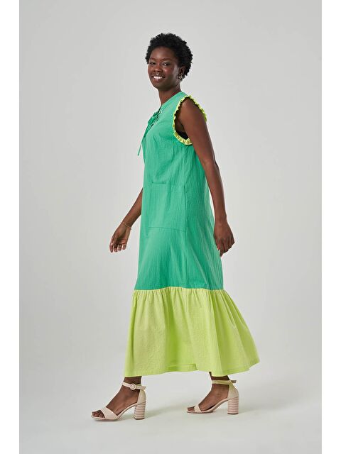 Mizalle Renk Bloklu Patlı Yeşil Elbise - S000050555-18194