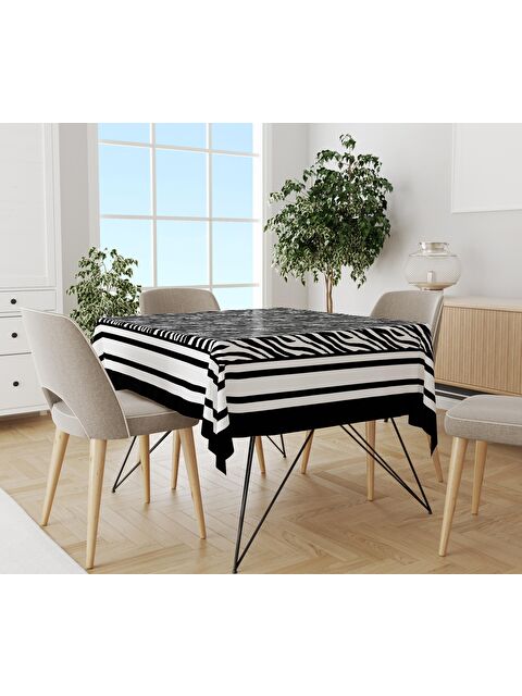 Evmila Modern Siyah Desenli Masa Örtüsü Beyaz 140x140 cm - S000048924-23173