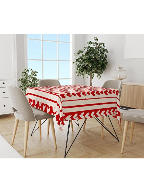Evmila Kırmızı Kalp Desenli Masa Örtüsü Beyaz 140x140 cm - S000048926-23173