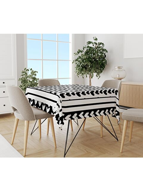 Evmila Siyah Kalp Desenli Masa Örtüsü Beyaz 140x140 cm - S000048936-23173