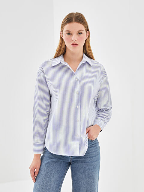 KOOR Mavi Çizgili İpliği Boyalı Kadın Gömlek