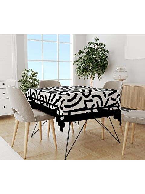 Evmila Modern Siyah Desenli Masa Örtüsü Beyaz 140x140 cm - S000048942-23173