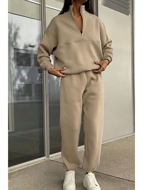 Trendseninle Kadın Vizon Fermuar Detay Dik Yaka Alt Üst Eşofman Takım - S000272756-26429