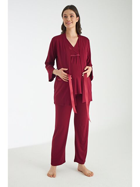 MİSS DÜNYA LİSSA Bordo Dantel Detaylı 3lü Sabahlıklı Hamile Ve Lohusa Pijama Takımı - S000366754-19951