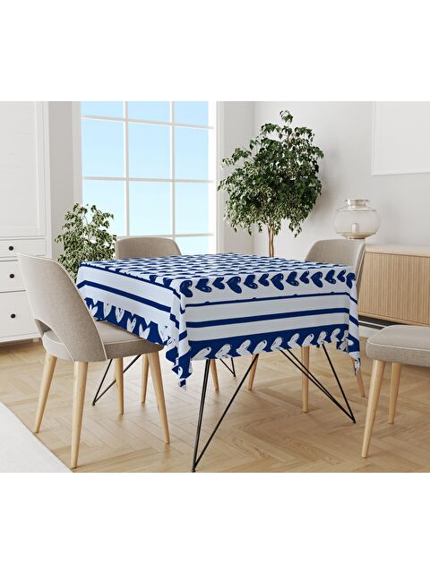Evmila Mavi Kalp Desenli Masa Örtüsü Beyaz 140x140 cm - S000048944-23173