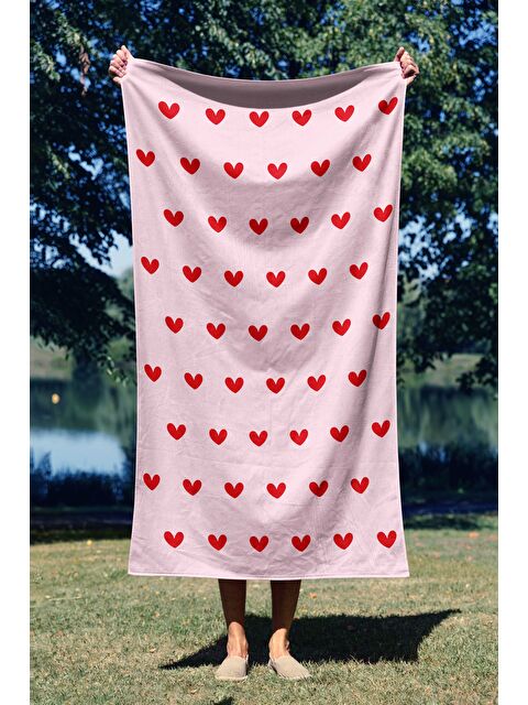 Asdiva Pembe Zemin Kırmızı Kalp Desen Dijital Baskılı Plaj Havlusu 75x150 - S000375569-20024