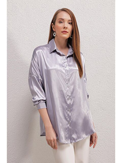 Bigdart 3985 Oversize Saten Gömlek - Lila - S000089878-17878