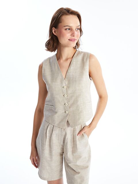 KOOR Bej Regular Dokuma Keten Takım Yelek Bg110